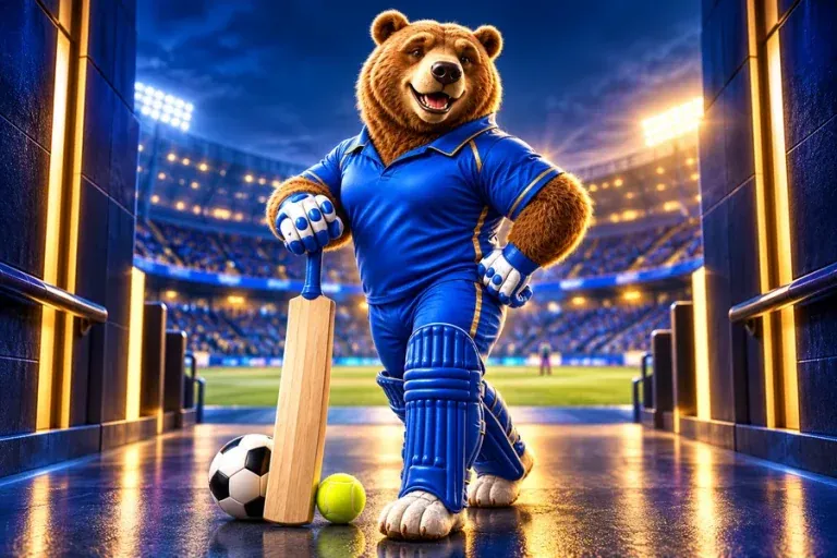 KIXO9 bear in blue cricket kit with a bat, football and tennis ball in a stadium tunnel