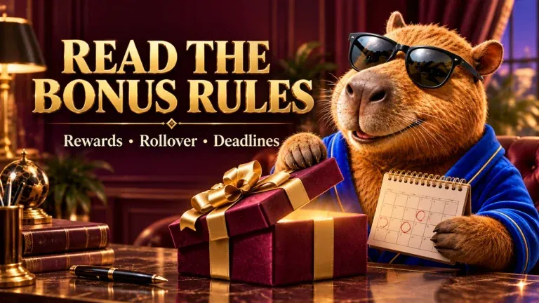 READ THE BONUS RULES. Rewards • Rollover • Deadlines. KIXO9 capybara character illustration.