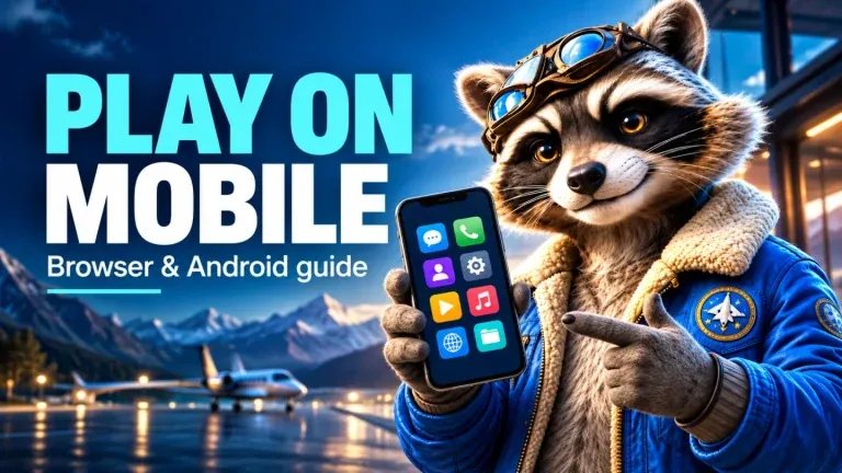 Play on mobile: browser and Android guide. KIXO9 raccoon character holding a phone.