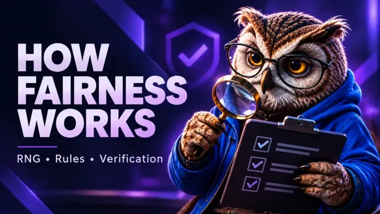 HOW FAIRNESS WORKS. RNG • Rules • Verification. KIXO9 owl character illustration.