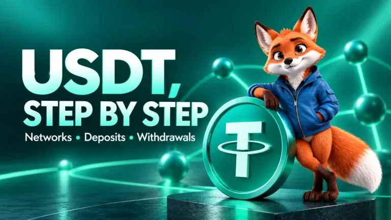 USDT, STEP BY STEP. Networks • Deposits • Withdrawals. KIXO9 fox character illustration.