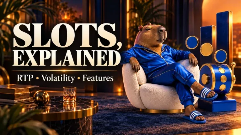 SLOTS, EXPLAINED. RTP • Volatility • Features. KIXO9 capybara character illustration.