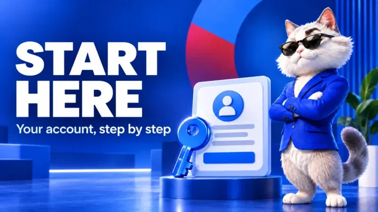 Start here: your account, step by step. KIXO9 cat character beside an account card and key.