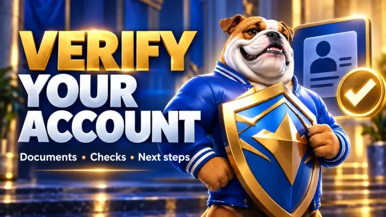 VERIFY YOUR ACCOUNT. Documents • Checks • Next steps. KIXO9 bulldog character illustration.